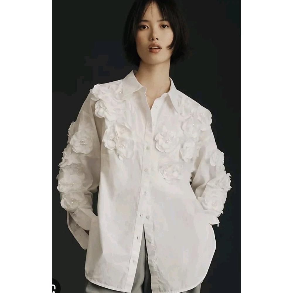 Maeve Anthropologie The Bennet Buttondown Shirt Floral Applique Edition Boho XS